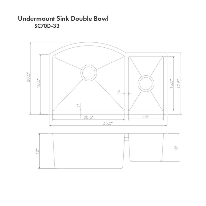 ZLINE 33 in. Cortina Undermount Double Bowl Kitchen Sink with Bottom Grid (SC70D)