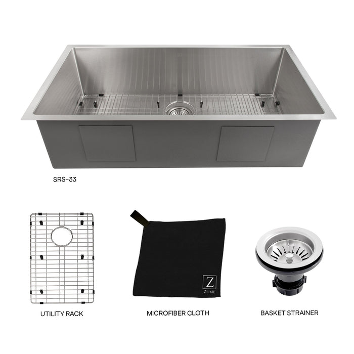 ZLINE 33 in. Meribel Undermount Single Bowl Stainless Steel Kitchen Sink with Bottom Grid (SRS-33)