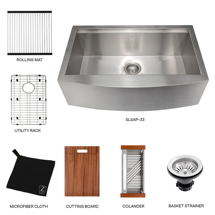 ZLINE 33 in. Moritz Farmhouse Apron Mount Single Bowl Kitchen Sink with Bottom Grid and Accessories (SLSAP-33)