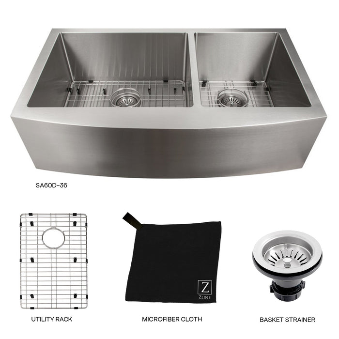 ZLINE 36 in. Courchevel Farmhouse Apron Mount Double Bowl Kitchen Sink with Bottom Grid (SA60D)