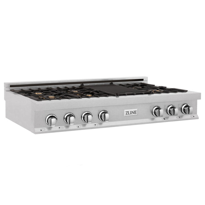 ZLINE 48 in. Porcelain Gas Stovetop in DuraSnow Stainless Steel with 7 Gas Burners with Brass Burners and Griddle (RTS-BR-48)