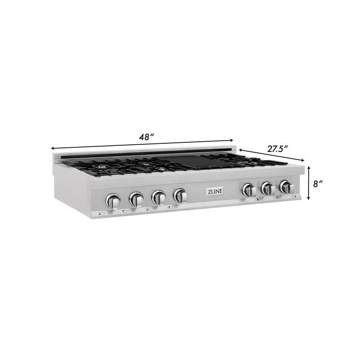 ZLINE 48 in. Porcelain Gas Stovetop in DuraSnow Stainless Steel with 7 Gas Burners with Brass Burners and Griddle (RTS-BR-48)