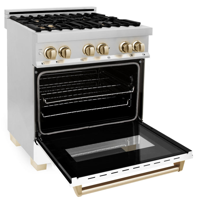 ZLINE Autograph Edition 30 in. 4.0 cu. ft. Dual Fuel Range with Gas Stove and Electric Oven in Stainless Steel with White Matte Door and Polished Gold Accents (RAZ-WM-30-G)