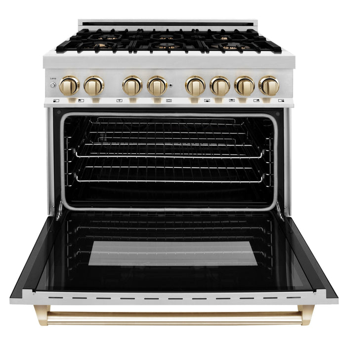 ZLINE Autograph Edition 36 in. 4.6 cu. ft. Dual Fuel Range with Gas Stove and Electric Oven in Stainless Steel with Polished Gold Accents (RAZ-36-G)