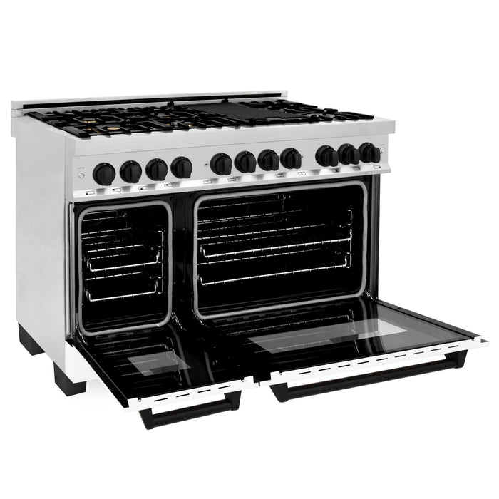 ZLINE Autograph Edition 48 in. 6.0 cu. ft. Dual Fuel Range with Gas Stove and Electric Oven in Stainless Steel with White Matte Door and Matte Black Accents (RAZ-WM-48-MB)