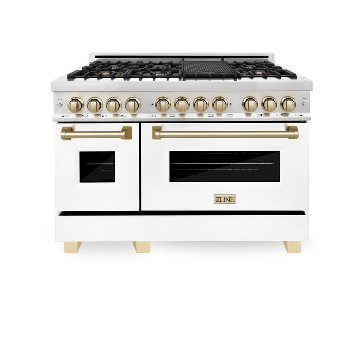 ZLINE Autograph Edition 48 in. 6.0 cu. ft. Dual Fuel Range with Gas Stove and Electric Oven in Stainless Steel with White Matte Door and Polished Gold Accents (RAZ-WM-48-G)