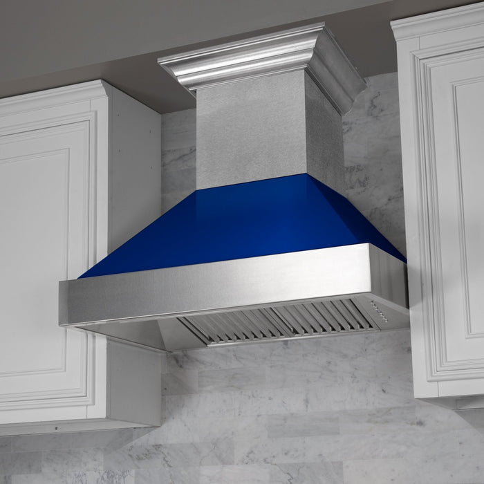 ZLINE Ducted Fingerprint Resistant Stainless Steel Range Hood with Blue Gloss Shell (8654BG)