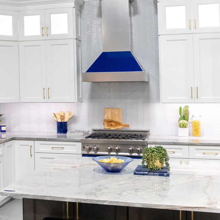 ZLINE Ducted Fingerprint Resistant Stainless Steel Range Hood with Blue Gloss Shell (8654BG)