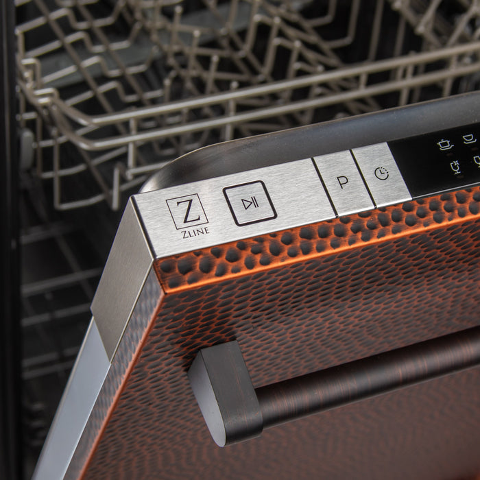 ZLINE 24 in. Top Control Dishwasher with Hand-Hammered Copper Panel and Traditional Style Handle, 52dBa (DW-HH-H-24)