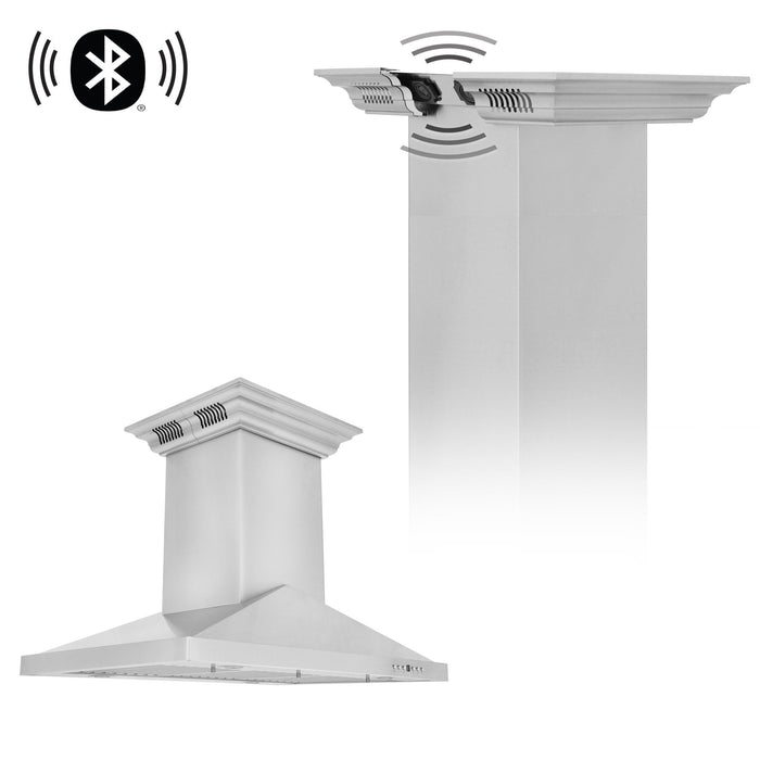 ZLINE Ducted Vent Island Mount Range Hood in Stainless Steel with Built-in ZLINE CrownSound Bluetooth Speakers (GL1iCRN-BT)