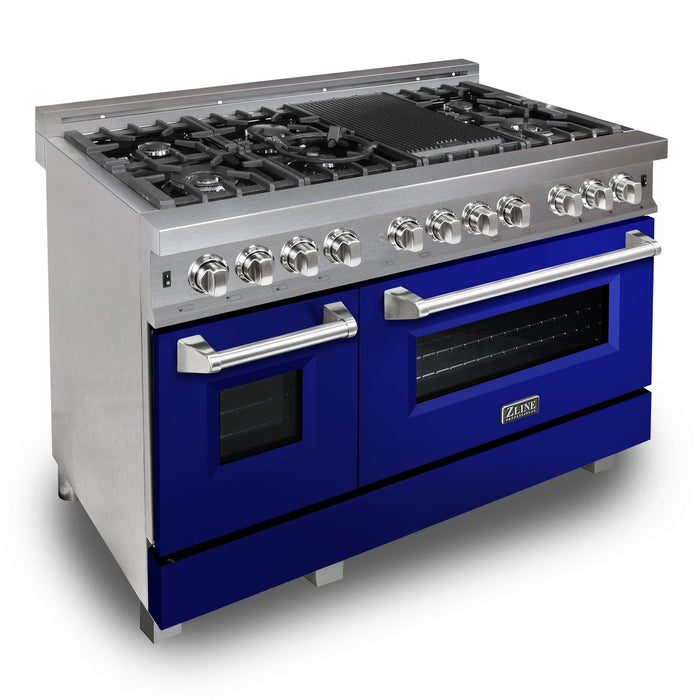 ZLINE 48 in. Fingerprint Resistant Stainless Steel 6.0 cu.ft. 7 Gas Burner/Electric Oven Range with Blue Gloss Door (RAS-BG-48)