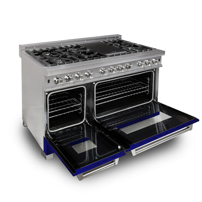 ZLINE 48 in. Fingerprint Resistant Stainless Steel 6.0 cu.ft. 7 Gas Burner/Electric Oven Range with Blue Gloss Door (RAS-BG-48)