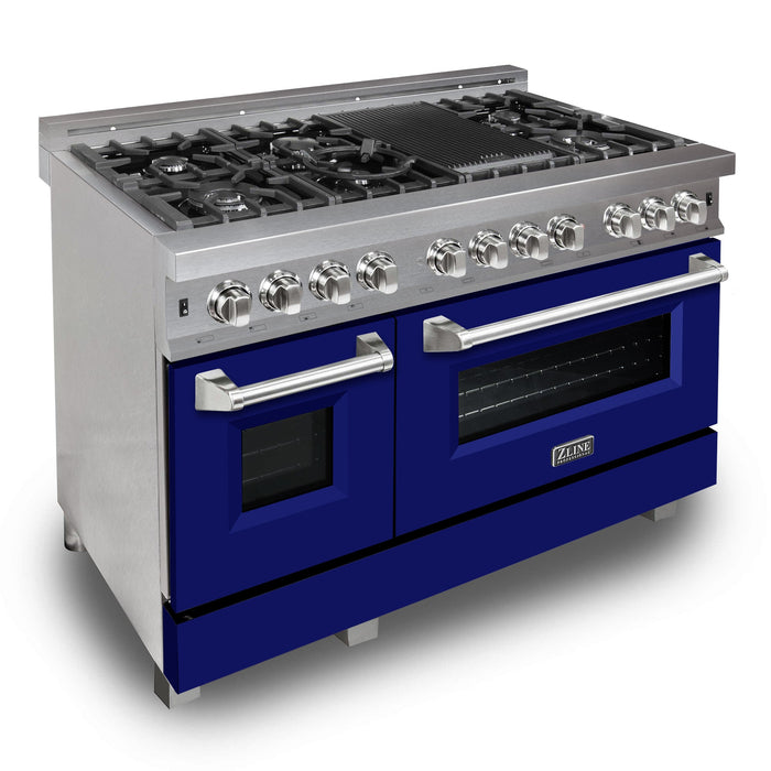 ZLINE 48 in. Fingerprint Resistant Stainless Steel 6.0 cu.ft. 7 Gas Burner/Electric Oven Range with Blue Matte Door (RAS-BM-48)