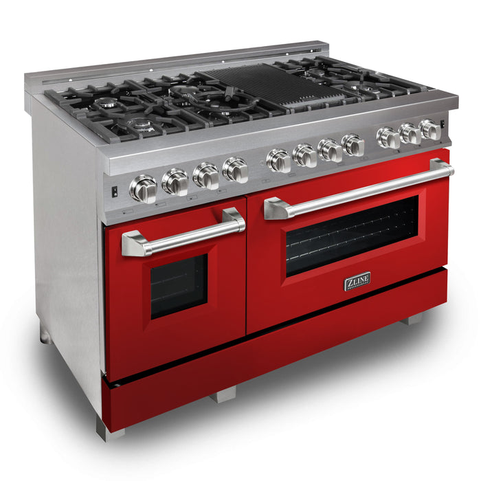 ZLINE 48 in. Fingerprint Resistant Stainless Steel 6.0 cu.ft. 7 Gas Burner/Electric Oven Range with Red Gloss Door (RAS-RG-48)