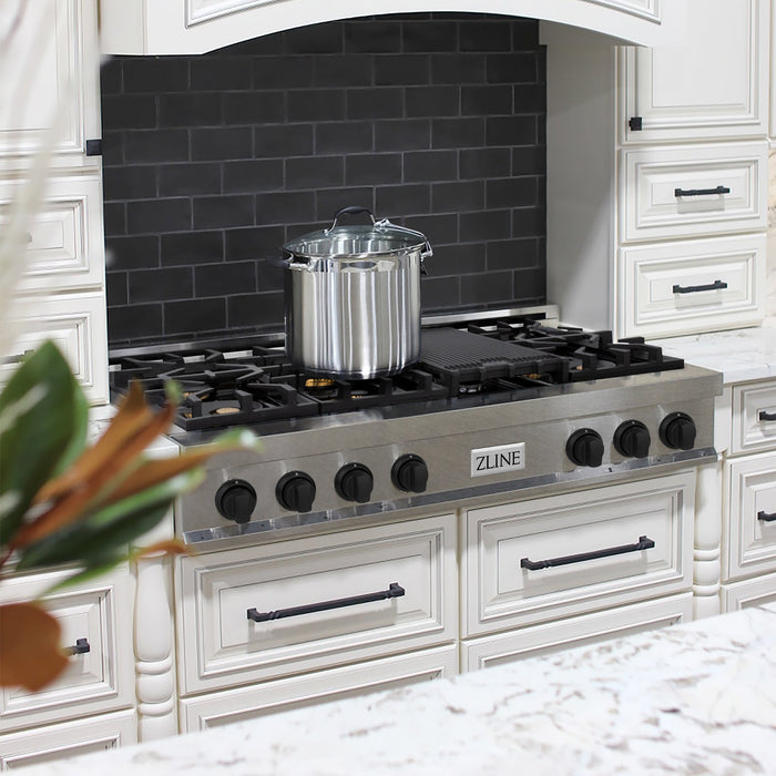 ZLINE Autograph Edition 48 in. Porcelain Rangetop with 7 Gas Burners in DuraSnow Stainless Steel and Matte Black Accents (RTSZ-48-MB)