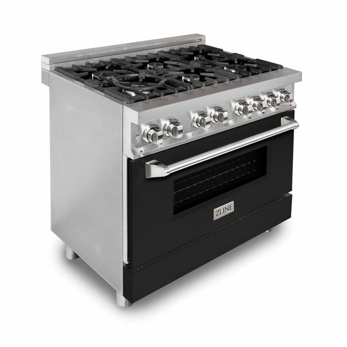 ZLINE 36 in. Dual Fuel Range with Gas Stove and Electric Oven in Stainless Steel with Black Matte Door (RA-BLM-36)