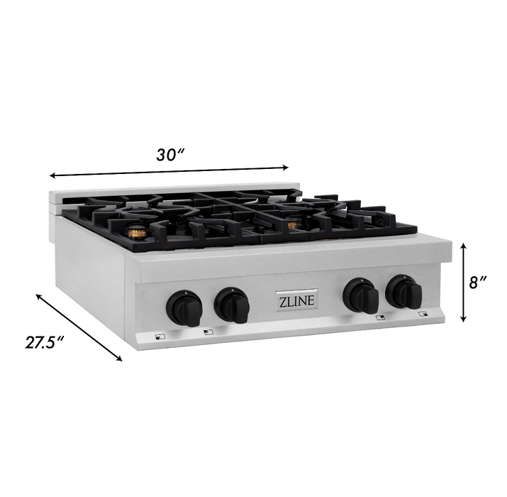 ZLINE Autograph Edition 30 in. Porcelain Rangetop with 4 Gas Burners in DuraSnow Stainless Steel with Matte Black Accents (RTSZ-30-MB)